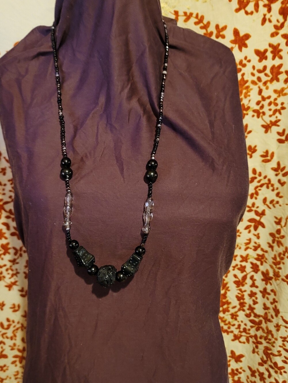 Vintage Molded Celtic Knot Style Black Beaded Necklace